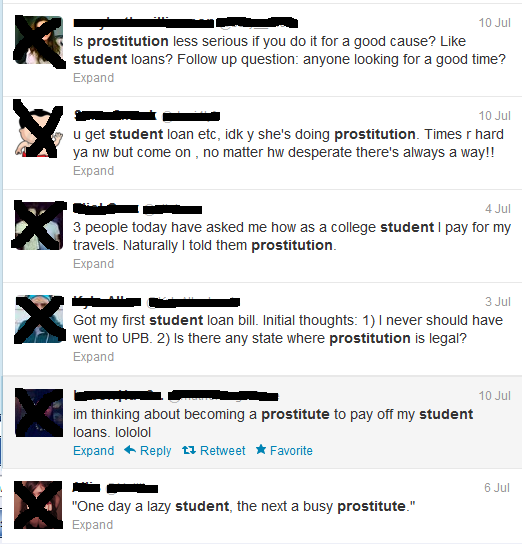 Twitter search for 'student prostitution'